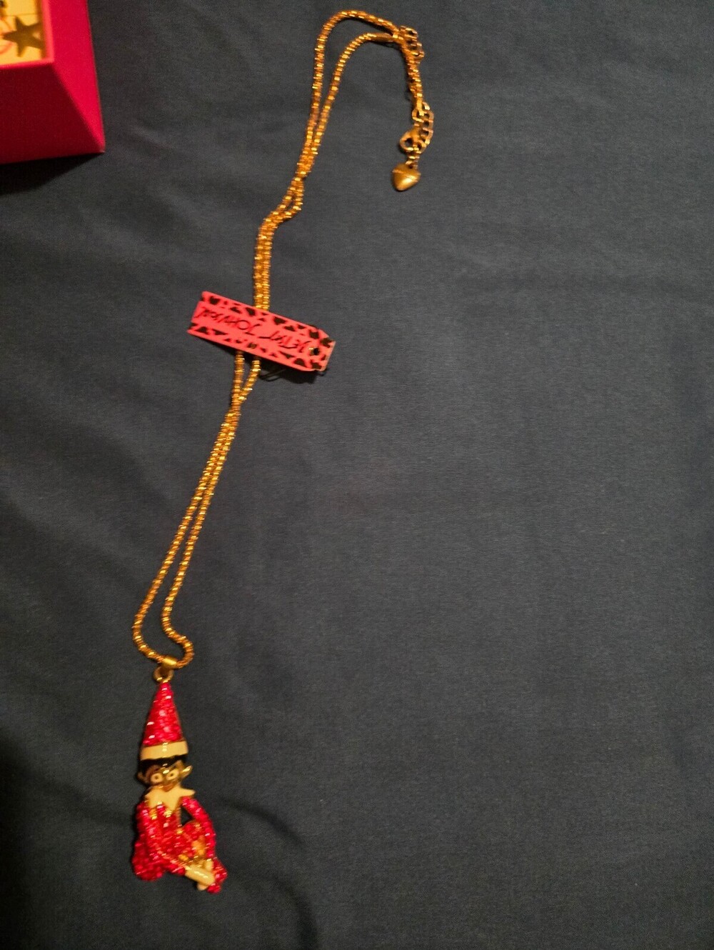 Vintage Red Rhinestone Elf Pendant Necklace with Gold Chain